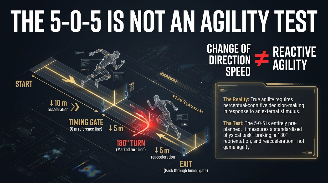 Diagram of the traditional 5-0-5 layout showing a 10 m acceleration to the timing gate, 5 m to the turn line, a 180 degree turn, and 5 m back through the gate, labelled change of direction speed rather than reactive agility